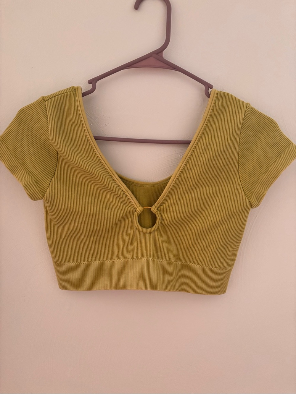 Aerie Olive Green Ribbed V-Neck Crop Top with Front Ring Detail